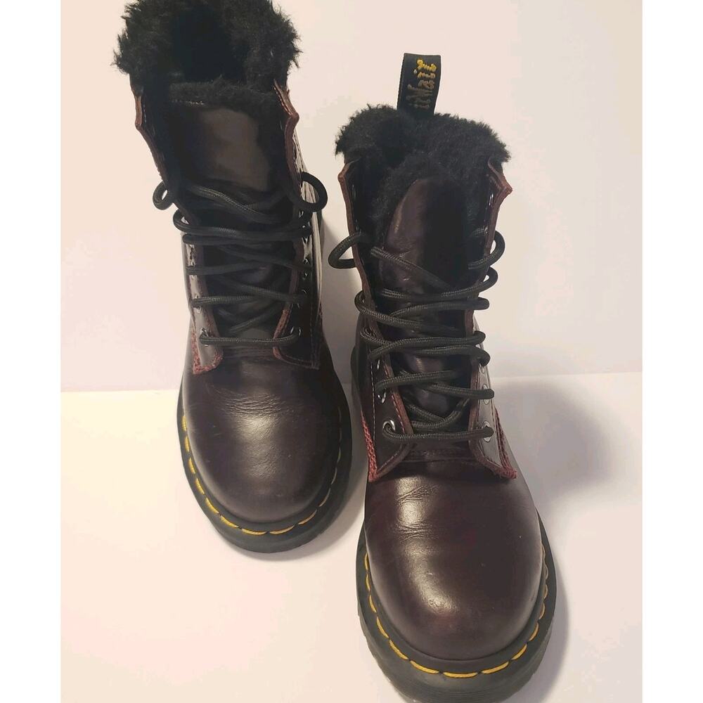 Dr. Martens Women's 5‎ Boots Oxblood Faux Fur Serena Combat Leather Cherry Red